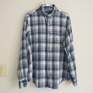 Vineyard Vines Slim Fit Tucker Shirt Mens L  Blue Plaid 100% Linen Button Preppy